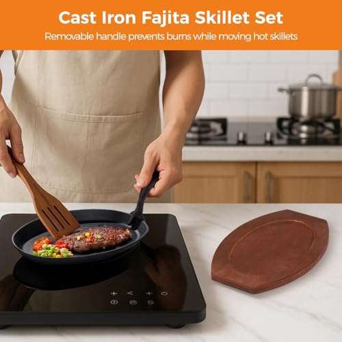 Toyosport 4 Sets Cast Iron Skillet with Wooden Tray, Fajita Skillet with Removable Handle, Oval Sizzling Plate for BBQ, Oven, Stove, Serving Dish for Restaurant, Kitchen, Party Use by Toyosport - Image 2