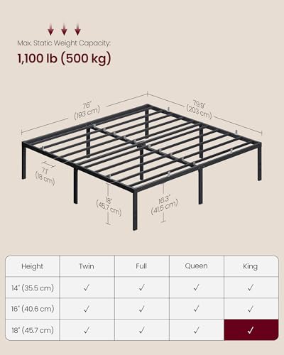 Image of VASAGLE King Metal Bed Frame 18 Inches Tall, 1100 lb Weight Capacity, No Box Spring Needed, with Under-Bed Storage, Easy Setup, Heavy-Duty Platform Bed, Mattress Retainers, Matte Black URMB674BD02S