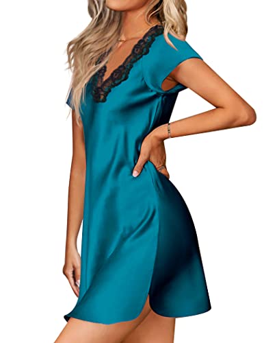 Ekouaer Women's Satin Nightgown Sleepwear Lace V Neck Side Slits Nightie Short Sleeves Nightshirt (Peacock Blue,M)