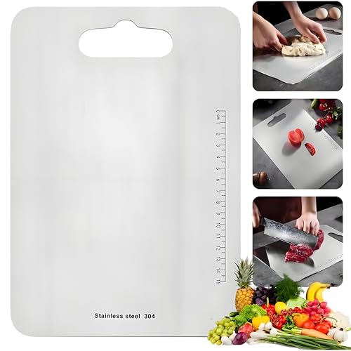Stainless Steel Cutting Board Titanium Chopping Boards for Kitchen Large Chopper for Meat Dishwasher Safe with Handle & Scale Easy Clean ستانلس ستيل تقطيع Solid Cookware (304 39x28x0.2cm)