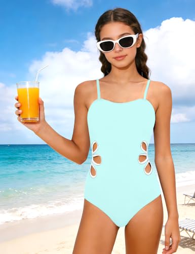 Image of Girls Swimsuit Adjustable Straps Cut Out One Piece Bathing Suit with Solid Color Cover Up Skirt Girls' Swimwear 5-16Y