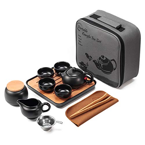 Lyty Chinesische Teekanne, Tassen-Set mit Tablett, Teesieb – Reise-Keramik-Teeservice aus Porzellan, tragbare All-in-One-Tasche für Outdoor, Picknick, Business, Hotel, Schwarz