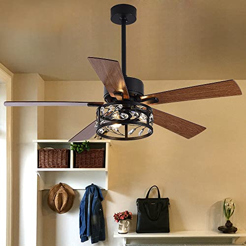 Tropwellhouse 52Inch Industrial Crystal Ceiling Fan With Lights And Remote Control, 3 Speed 5 Wood Blades And Cage Light Kit, Vintage Ceiling Fan Decoration Home/Living Room, Black #TOP6
