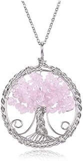 JSDDE Natural Rose Quartz Crystal Tree of Life Necklace Silver Wrapped Healing Gemstone Pendant Necklaces Jewelry