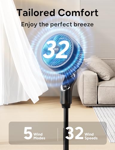 Image of JRD Fan for Bedroom, 70 Oscillating Standing Fan, 100ft Quiet Pedestal Fans for Home Office, 85 Manual Vertical, Touch+Remote, 24H Timer,32 Wind Speeds, 39-43 inch Adjustable Height, Air Circulator