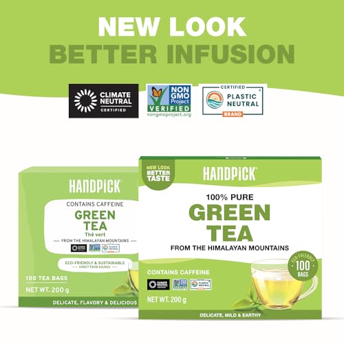 HANDPICK, Grüner Tee Beutel (100 Teebeutel) Glutenfrei & Reiner Grüntee | Runde Grün Tee Beutel, Kein Kleber, Kein Bleichmittel, Keine Schnüre | Heißer/Kombucha Tee Oder Kalter Aufbrühen | Green Tea