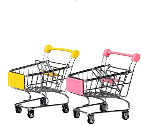 Hvogvok Mini Supermarket Handcart, 2 Pcs Mini Shopping Cart Shopping Utility Cart Mode Storage Toy Office Decor(Pink,Yellow) Toy Shopping cart