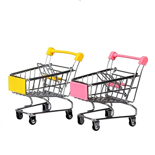 Hvogvok Mini Supermarket Handcart, 2 Pcs Mini Shopping Cart Shopping Utility Cart Mode Storage Toy Office Decor(Pink,Yellow) Toy Shopping cart