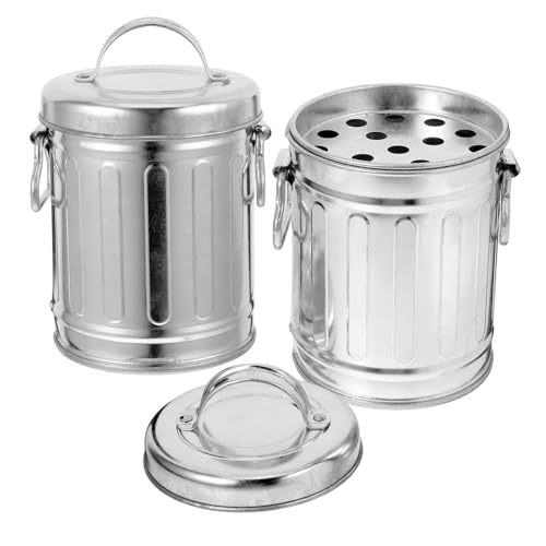 DECOMELODY 2 Ceniceros de Mesa de Hierro Galvanizado con Tapa Hermética Estilo Vintage Color Plateado Diseño Forma de Cubo Papelera Decorativa Compacta Adecuado para Oficina y Hogar