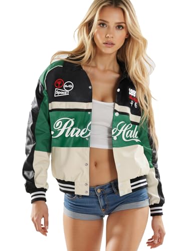 Image of Unisex Racing Jacket for Women Leather Jacket Women Oversized Trendy Streetwear Green XL