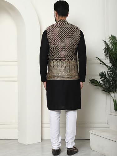 Image of SOJANYA (Since 1958 Men's Cotton Linen Maroon Kurta and White Pyjama with Mustard Cotton Nehru Jacket