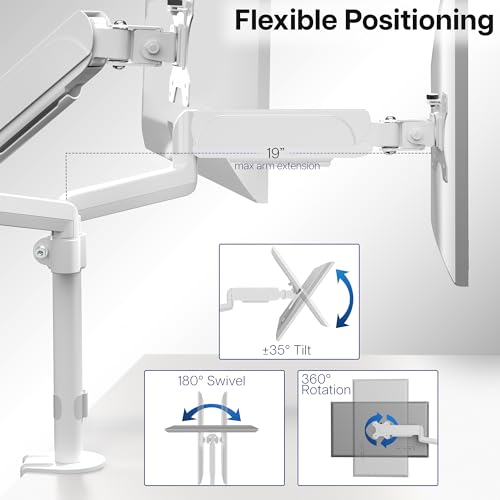 Image of VIVO 17 to 32 inch Dual Pneumatic Monitor Mount, 2 Pneumatic Arms, Adjustable Swivel, Rotation, Heavy Duty VESA Desk Stand with C-clamp, Grommet, Max VESA 100x100, White, STAND-V002KW