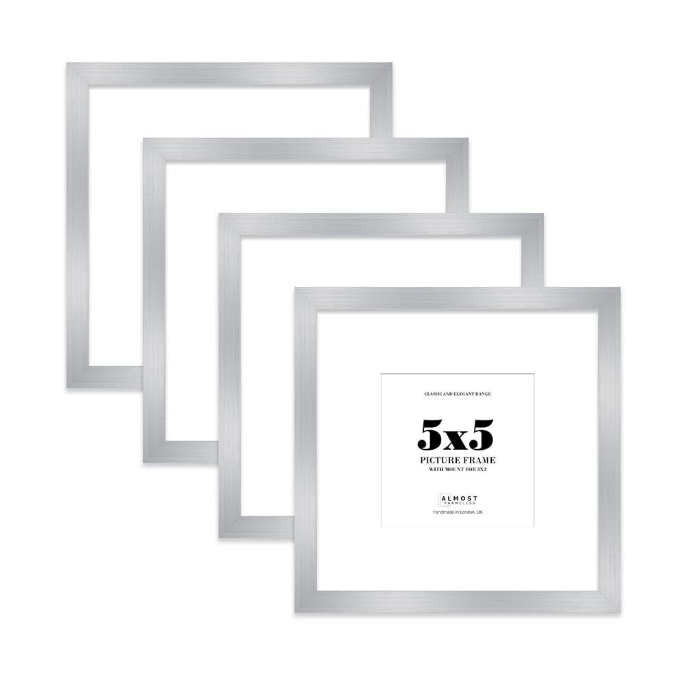 5x5 Silver Picture Frame with Mount for 3x3 Photos, Prints - Modern Square Wall Frame, Set of 4