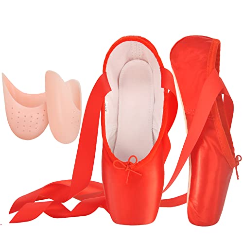SHOLING Professional Pointe Shoes Satin Ballet Dance Slipper with Ribbons Toe Pads for Womens Girls (Red, Numeric_1_Point_5)