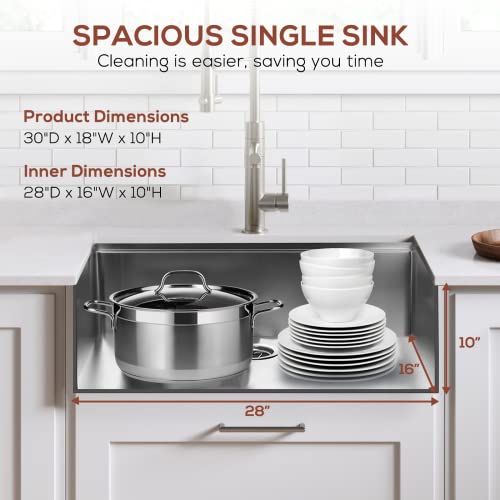 TUSY 30 Inch Workstation Ledge Undermount, 16 Gauge Stainless Steel Kitchen Sink, T-304 Grade Single Bowl with Accessories
