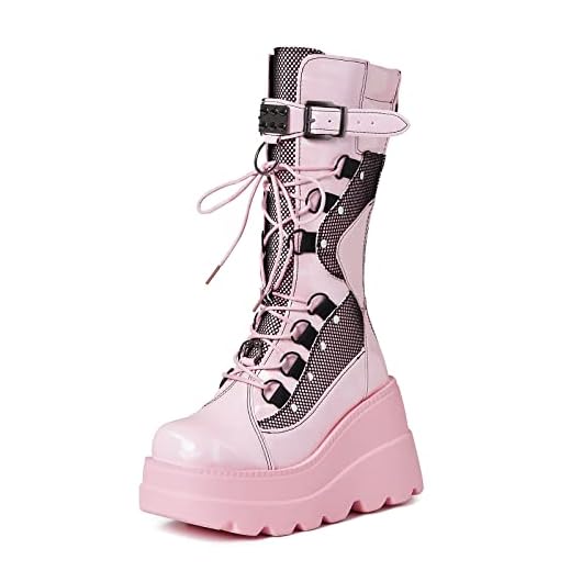 mikarka Womens Holographic Platform Mid Calf Combat Boots Lace Up Wedge Heel Studded Goth Knee High Boots