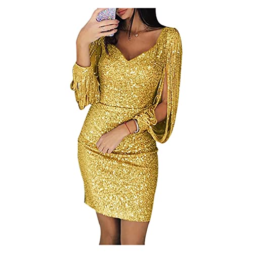 Robe Ete Femme Col en V,Robe Paillettes Moulante Crayon de Cocktail Sexy Cache Coeur Rétro pour Soirée Court Fête, Cocktail, Noël, Nouvel an (Blanco : Yellow, Size : 4XL) Cover