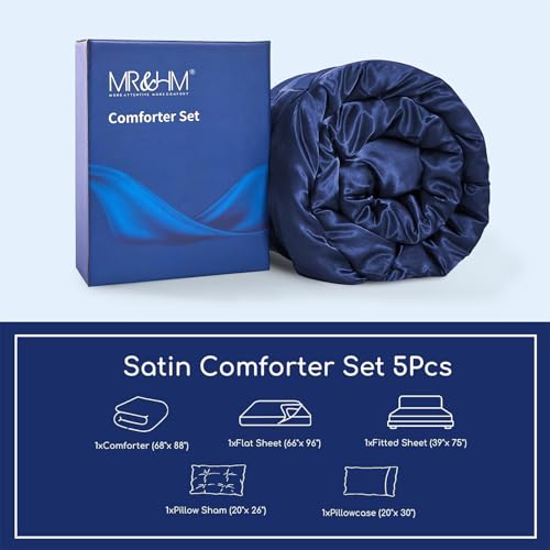 MR&HM Satin Comforter Twin 5 Pieces - Luxurious Pinch Pleat Bedding Set with Comforter, Flat Sheet, Fitted Sheet, Pillowcase & Sham, Super Silky Soft Bed Set for All Season (Twin, Navy Blue)