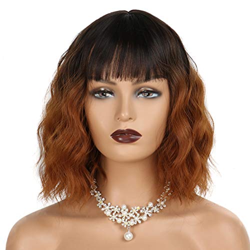 SHUOHAN Fahion Short Bob Wigs With Bangs Women's Short Wig Ombre Black to Brown Wig with Bangs Cosplay Wigs Synthetic Wigs for Women 14inch