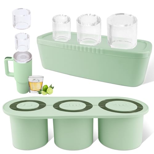 WUJUN Ice Cube Tray for Stanley Cup 30-40Oz Tumbler Silicone Ice Cube Moulds with Lid and Bin for Chilling Cocktails Whiskey Drinks Coffee Easy Fill and Release Ice Make (Green 40 oz)