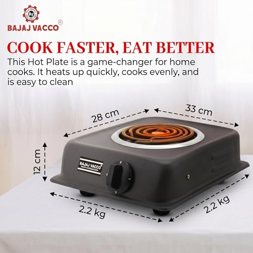 Image of BAJAJ VACCO Coil Hot Plate, 2000-Watt Electric Cooktop, Coil Stove, Cooking Heater, Black, HP-06 New