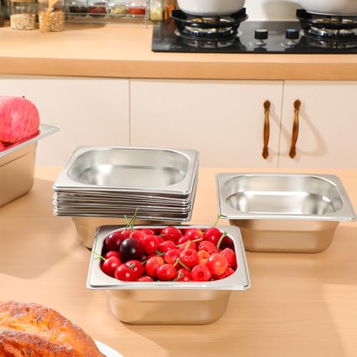 Image of Thenshop 10 Pack 1 /6 Size 2.5 Inch Deep Hotel Pans Stainless Steel Steam Table Food Pan Commercial Metal Food Catering Tray Anti Jam for Hotel Restaurant Buffet Party Supplies(European)