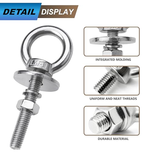 Image of 2 Pack M12 Eye Bolts with Nuts, 304 Stainless Steel 1 /2 inch x 4 inch Heavy Duty Lifting Eye Bolts, Metric M12x102mm Ring Eye Bolt for Hanging, Tie Down, Outdoor & Hardware Fixing (2, 1 /2 inchx4 inch)