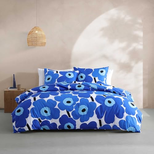 Image of MARIMEKKO - King Duvet Cover Set, Cotton Percale Reversible Bedding with Matching Shams, Floral Home Decor (Unikko Blue, King)