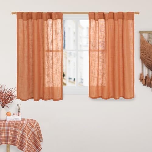 LAMIT Orange Linen Curtains 40 Inch Length, Semi Sheer Light Filtering Panels Back Tab and Rod Pocket Rust Country Decor Drapes for Small Windows/Kitchen, Burnt Orange, 2 Panels, 34 x 40 Inch