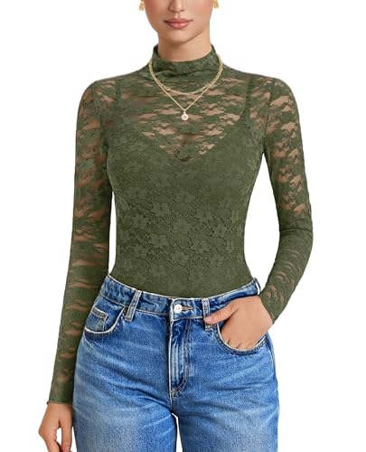 Avidlove Womens Long Sleeve Bodysuit Mock Neck Lace Tops Mesh Bodysuit High Neck Mesh Top Night Out Outfit for Women