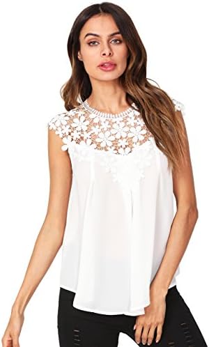 Floerns Women's Lace Neckline Sleeveless Chiffon Blouse Top White M