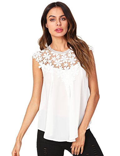 Floerns Women's Lace Neckline Sleeveless Chiffon Blouse Top White L