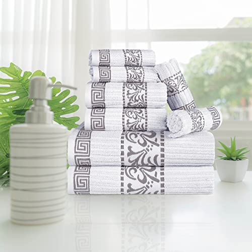 Superior 8 Piece Cotton Towel Set, Highly-Absorbent Plush Decorative Bohemian, Greek Key Trim Jacquard Dobby Border, Face Towels 13” X 13”, Hand Towels 16” X 30”, Bath Towels 30” X 52”, White-Chrome #TOP1