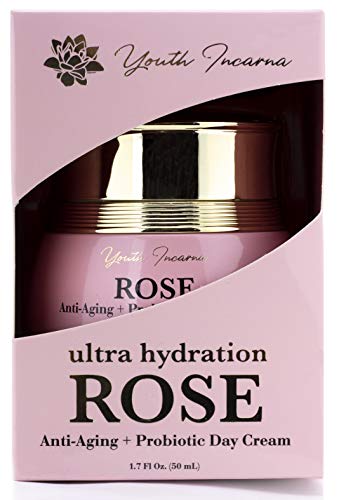 Ultra-Hydration Rose cream Brightening day cream with Vitamin C, Hyaluronic Acid, and Probiotics for Wrinkles, Dark Spots, Firming, and Dry Skin by Youth Incarna, 1.7 fl. oz.