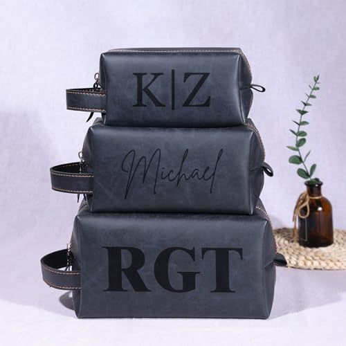 Personalized Leather Toiletry Bag for Men, Customized Shaving Dopp Kit with Engraved Monogram, Custom Travel Toiletry Bag for Groomsmen, Gift for Fathers Day, Christmas, Wedding, Anniversary