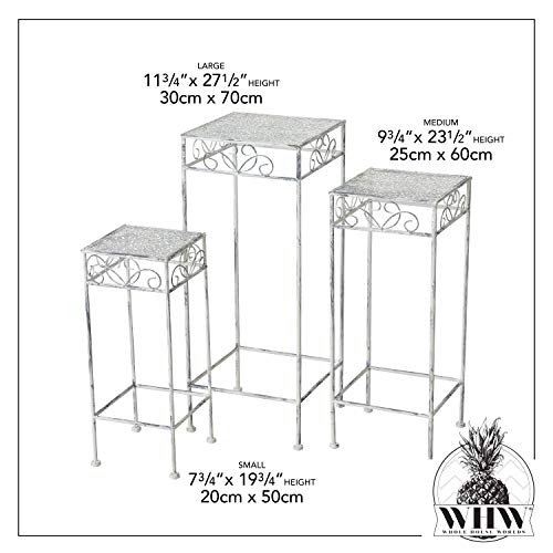 Farmers Favorite Plant Stand Square Tables, Set Of 3, Shabby White Finish Over Grey Iron, Knob Bottom Legs, Scrolled And Floral Details, Weather Resistant, 27, 23, 20 Inches Tall #TOP2