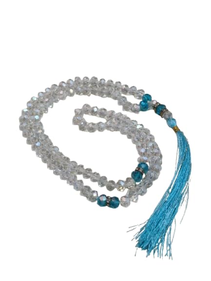 Image of Prayer Beads Tasbih, Crystal Glass 100 Beads, Turquoise Blue with Tassel, Islamic Prayer Rosary Tasbih in Diamond Cut Crystal Beads of Sky Blue Diamond Like Finish Gift of Ramazan Hajj Umra,Car Decorative