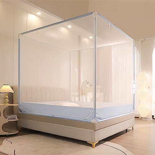Princess Bed Netting Canopy for Girls Mosquito Net Bed Frame Curtain Brackets 4 Corners Post Bed Curtain Canopy for Bedroom Decoration,Grey,Queen,Blue-Full