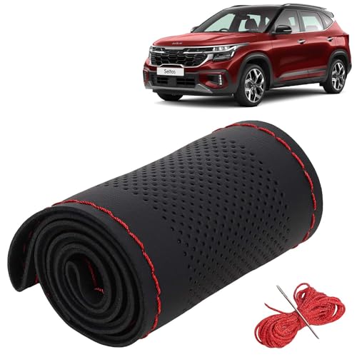 Image of KINGSWAY PU Leatherite Car Steering Cover Sewable Compatible with Kia Seltos (Year 2023 Onwards), Black Color with Red Thread, Pack of 1 with Sewing Needle and Thread