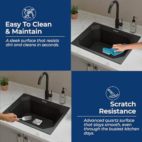 Image of BASINQU Quartz Sink for Kitchen | 24x18x9 Inches Black Single Bowl Sink For Kitchen Basin Diamond Designed | Granite UV Protected Scratch Resistant, Undermount /Topmount Kitchen Sinks