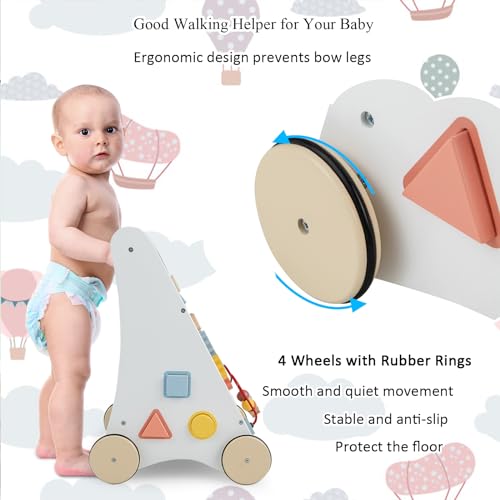 Chariot de marche bebe en bois multi-activite avec blocs de construction
