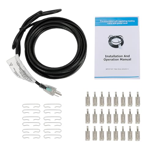 elfinrm 24FT Heating Tape for Roof and Gutters, Self-Regulating Heating Cable for Roof Deicing, Keeps Water Flowing at -158℉ (With Aluminum Hooks and Clips)