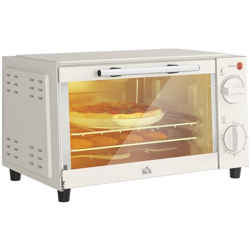 HOMCOM Mini Oven, 9L Countertop Electric Grill, Toaster Oven with Adjustable Temperature, Timer, Dishwasher Safe Baking Tray and Wire Rack, 750W, Cream