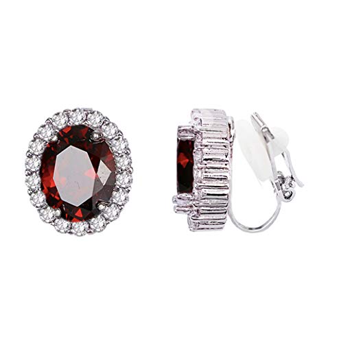 SELOVO Red Zircon Oval Clip on Stud Earrings Non Pierced Stone Silver Tone