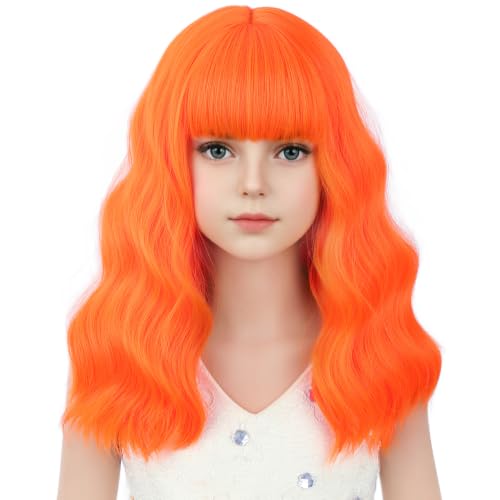 Image of Orange Wig Short Orange Wavy Curly Wigs Wig with Air Bangs Synthetic Cosplay Hair Wigs