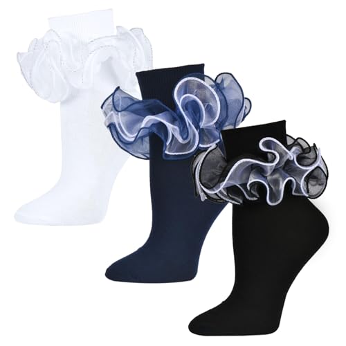 Image of Women White Ruffle Socks Turn Cuff, Double Lace Ankle Socks Cotton Lace Frilly for Ladies(Size 6-11, 3 Pairs)
