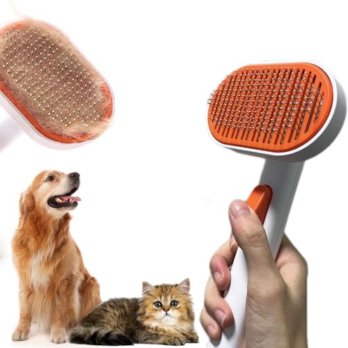 PETBABAS Pet Grooming Brush | Cat Deshedding Brush, Self-Cleaning Slicker Cat Brushes for Long and Short Hairied Cats Dogs | Kittens Shedding Comb Pets Supplies Massage Tool for Hair Removal (Orange)