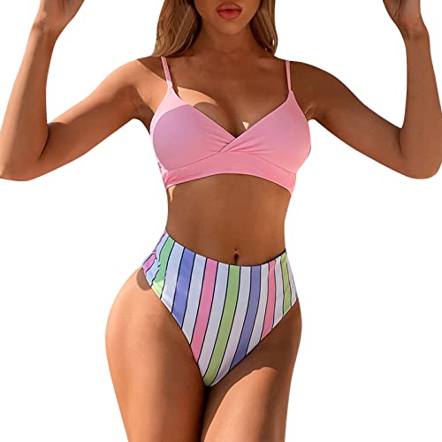 Womens Bikini Swimsuits Cut Women's Sexy Piece Set Bikini Striped Print High Leg Two Swimsuit Swimwears Tankinis Set Pink #TOP1
