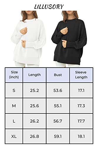 Lillusory Womens Oversized Pullover Tunic Sweaters Trendy 2022 Fall Crewneck Batwing Ribbed Knit Side Slit Top White #TOP6