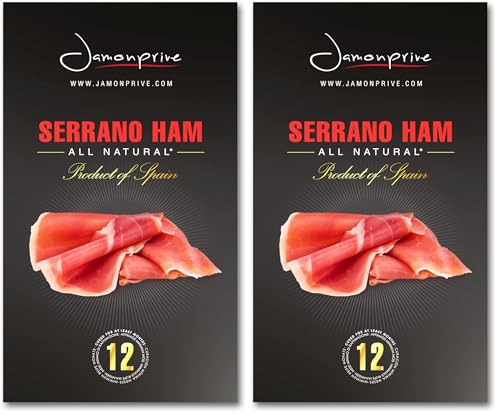 Spanish Serrano Ham Sliced Dry-Cured (3oz) - Spanish Jamon Serrano with NO Nitrates or Nitrites all Natural, GMO Free and Gluten Free - Jamonprive (3 oz Each, Pack of 2 Unit)
